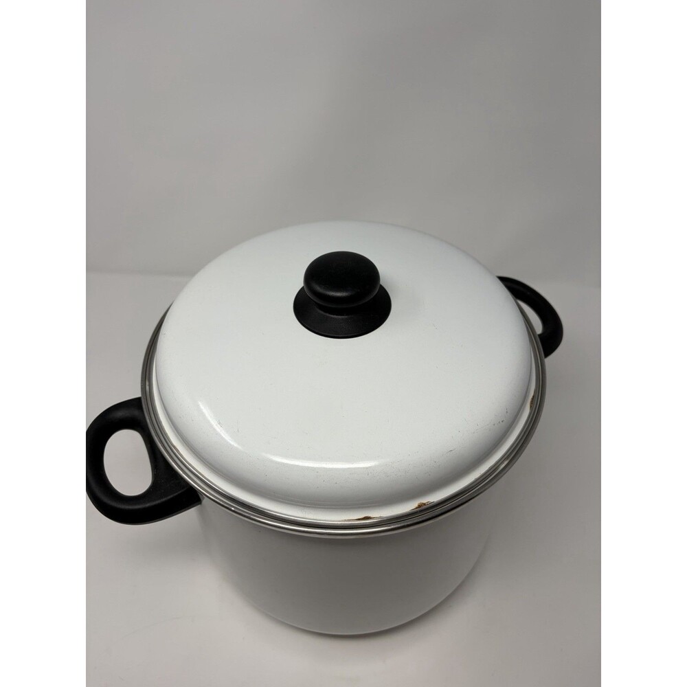 Vintage Megaware Enameled STEEL Stock Pot White 9 Qt. Made In Spain READ